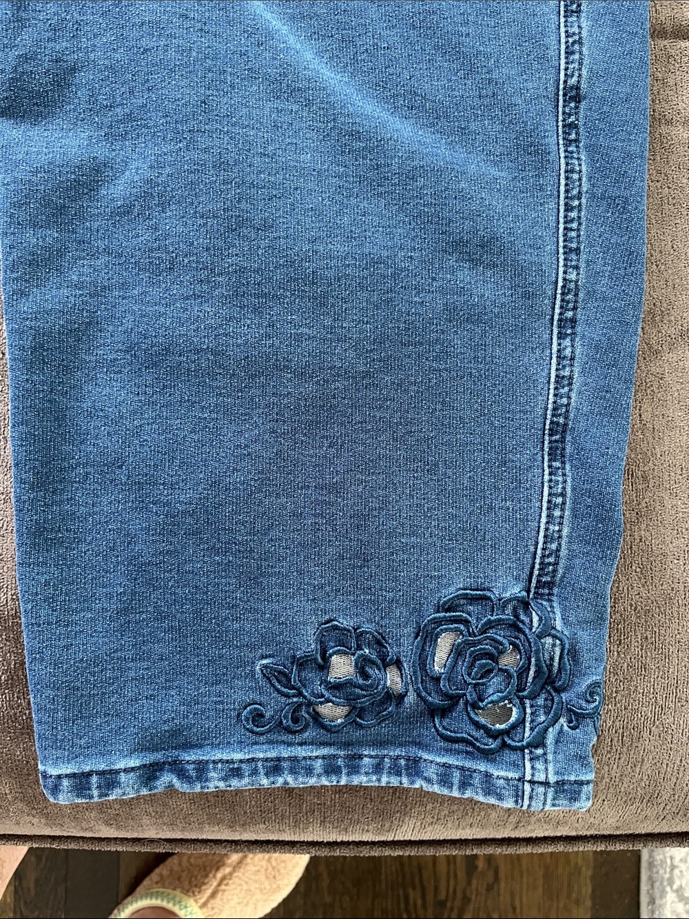 Blue Women's Pull-On Capri Jeans with Embroidered Hem - Picture 3 of 3